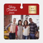 写真企業のロゴのクリスマスモダンレッド メタルオーナメント (裏面)