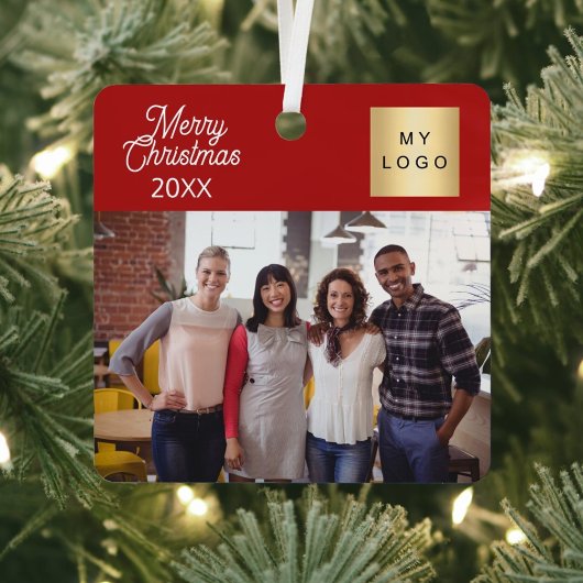 写真企業のロゴのクリスマスモダンレッド メタルオーナメント
