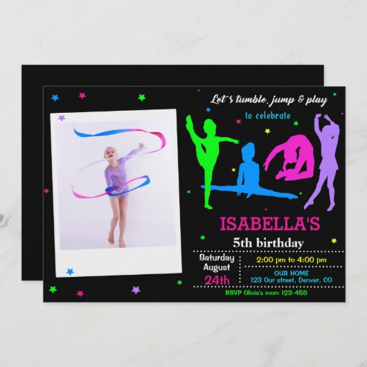 写真体操の誕生日の招待フリップジャンプ 招待状 (正面/裏面)