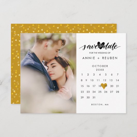 写真保存日付カレンダーの金ゴールドハート 案内ポストカード (正面/裏面)