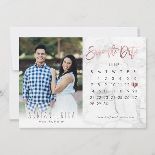 写真保存日付カレンダー大理石バラ金ゴールド 招待状 (正面)