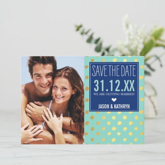 写真保存DATE金ゴールドフォイル水玉模様ネイビーミント 招待状 (スタンド正面)