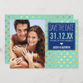 写真保存DATE金ゴールドフォイル水玉模様ネイビーミント 招待状 (正面/裏面)