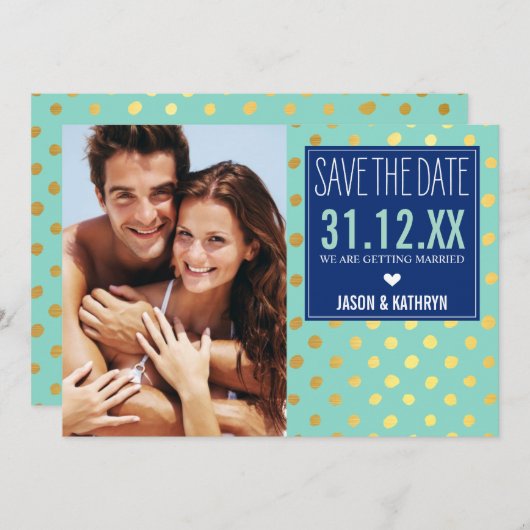 写真保存DATE金ゴールドフォイル水玉模様ネイビーミント 招待状 (正面/裏面)