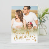 写真入りゴールドのクリスマス + スノーフレーク シーズンカード (スタンド正面)