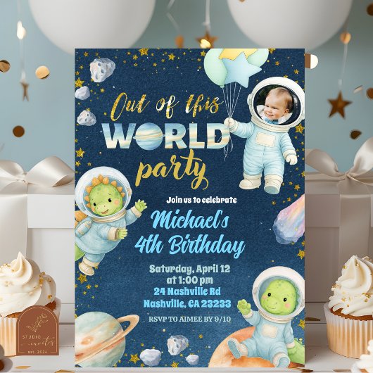 写真入りスペースダイナソー誕生日招待状 招待状