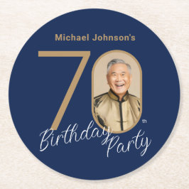 写真入りネイビーブルーゴールド70歳の誕生日 ラウンドペーパーコースター