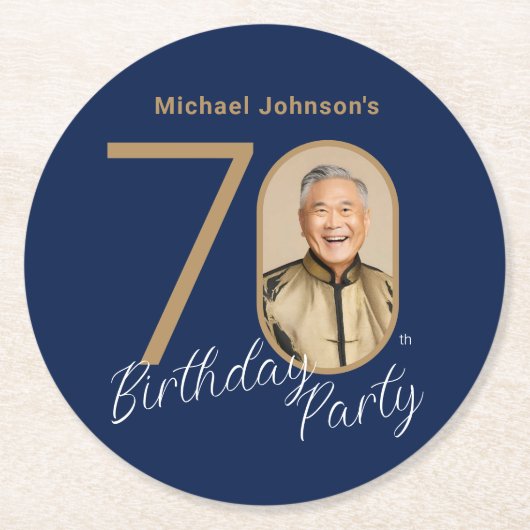 写真入りネイビーブルーゴールド70歳の誕生日 ラウンドペーパーコースター (正面)