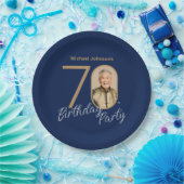 写真入りネイビーブルー ゴールド 70歳の誕生日 ペーパープレート (パーティー)