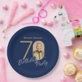 写真入りネイビーブルー ゴールド 70歳の誕生日 ペーパープレート (パーティー)