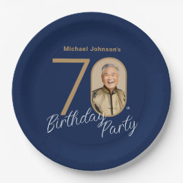 写真入りネイビーブルー ゴールド 70歳の誕生日 ペーパープレート