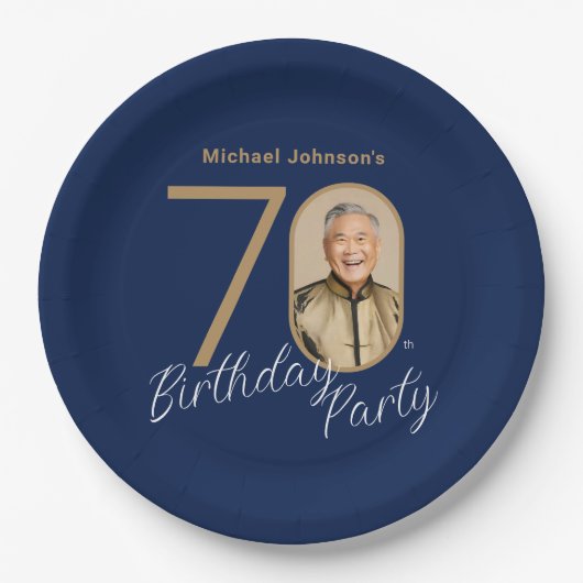 写真入りネイビーブルー ゴールド 70歳の誕生日 ペーパープレート (正面)
