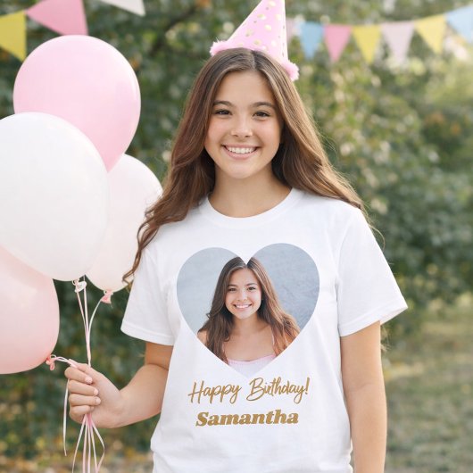 写真入りハートの名前のバースデー Tシャツ
