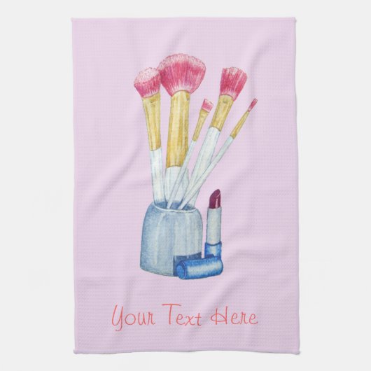 写真入りピンクの化粧ブラシ キッチンタオル (縦)