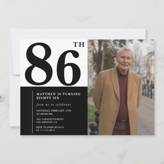 写真入りモノクロ86歳の誕生日招待状 招待状 (正面)