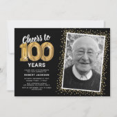 写真入り100歳の誕生日ゴールドバルーン招待状 招待状 (正面)
