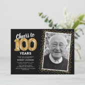 写真入り100歳の誕生日ゴールドバルーン招待状 招待状 (スタンド正面)