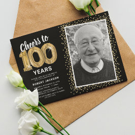 写真入り100歳の誕生日ゴールドバルーン招待状 招待状