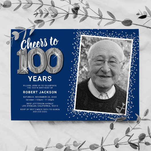 写真入り100歳の誕生日シルバーバルーン招待状 招待状