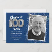 写真入り100歳の誕生日シルバーバルーン招待状 招待状 (正面)