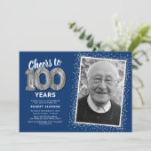 写真入り100歳の誕生日シルバーバルーン招待状 招待状 (スタンド正面)