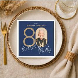 写真入り ネイビーブルー ゴールド エレガント オーダーメイド 80歳の誕生日  スタンダードカクテルナプキン