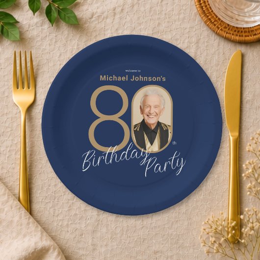 写真入り ネイビーブルー ゴールド エレガント オーダーメイド 80歳の誕生日  ペーパープレート