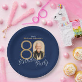 写真入り ネイビーブルー ゴールド エレガント オーダーメイド 80歳の誕生日  ペーパープレート (パーティー)