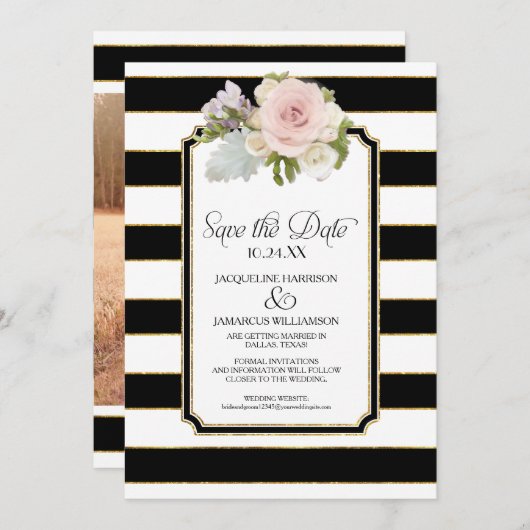 写真全体の日付を保存ストライプするフェイク金ゴールドフローラ 招待状 (正面/裏面)