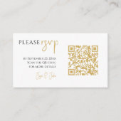 写真全体、金のQRコード、白い結婚式の招待返信 エンクロージャーカード (正面)