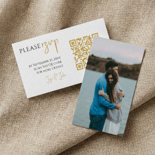 写真全体、金のQRコード、白い結婚式の招待返信 エンクロージャーカード