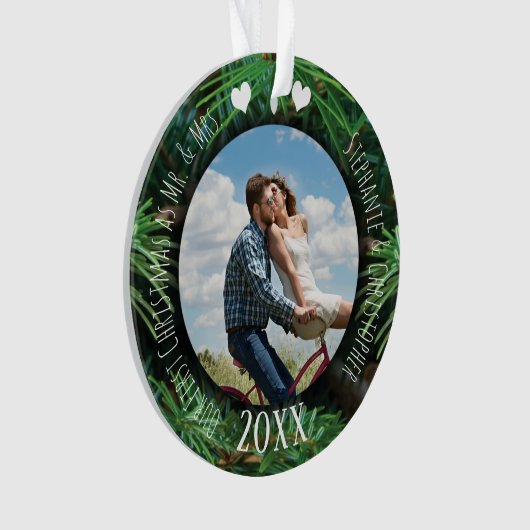 写真初めてのクリスマスMr.Mrs.Newlywed Pine オーナメント (正面)