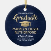 写真卒業おめでとうブラシ付きネイビー金ゴールドホワイト セラミックオーナメント (正面)