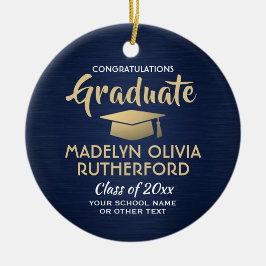 写真卒業おめでとうブラシ付きネイビー金ゴールドホワイト セラミックオーナメント (正面)