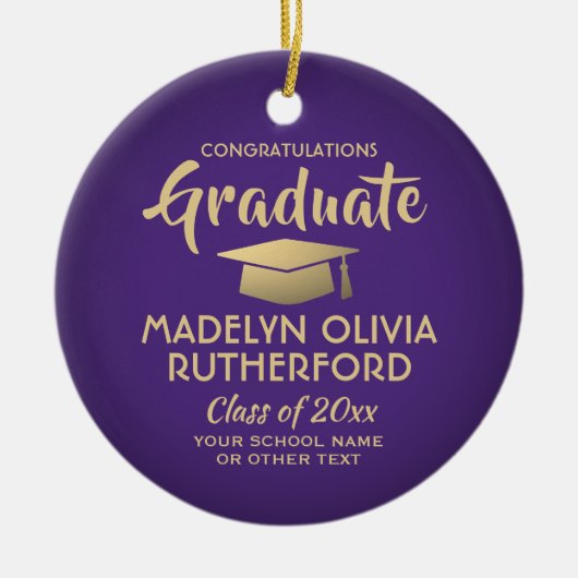 写真卒業おめでとうモダン紫と金ゴールド セラミックオーナメント (正面)