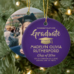 写真卒業おめでとうモダン紫と金ゴールド セラミックオーナメント<br><div class="desc">卒業式のクリスマスの飾り付けカスタムの周りに金ゴールドの紫色と写真で卒業式の成果を記念する。写真とすべての文字はシンプルに対してカスタマイズのだ。任意のお気に入りの引用文を含む感動的やる気を起こさせる、ことわざ、学校名と学位、おめでとう、お感謝してい母とパパ、またはあなたの選択の他のメッセージ。背景または文字の色を変更するには、以下の手順を参照。デザインは紫色の背景フェイク、金ゴールドフォイル卒業キャップ、パーソナライズされたタイポグラフィ名、学校、学年、卒業式からのシニア写真や画像など、好きな写真を備えている。金ゴールドは金属箔ではなく印刷色であることに注意して下さい。思いやりある記念品の贈り物アイディアとエレガントクリスマスのホームデコールへの追加を行う。卒業おめでとう！背景または文字の色を変更する方法：まず、Zazzleデザインツールを開く。「クリックパーソナライズ」または「このテンプレートをパーソナライズ」し、リストの一番下までスクロールして「さらにクリックパーソライズ」を選択カスタマイズする。 背景色を変更するには：手離れ側の列にクリックは「背景」。 カラーボックスのあるメニューが表示される。カラーボックスを1つ選択するか、もしより大きな選択を行うクリックか、プラス( )記号を選択する。好きな色がのまわりに見つかるまでドットを移動するか、下部の白いボックスに16進数を入力する。文字の色を変更するには、手離れ側の列に入ったらクリッククリック「レイヤ」を選択すると、変更する文字を表示するボックスが表示されます。右側のメニューで、カラーボッククリックスを表示するために「色」と表示されるボックス。(もしカラーボックスは既に表示さクリックれ、の「色」はカラーボックスを非表示にするので、表示するには再クリック度する必要がある)。 文字色の変更は背景と同じ。終わったクリックら「完了」。</div>