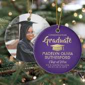 写真卒業おめでとうモダン紫と金ゴールド セラミックオーナメント