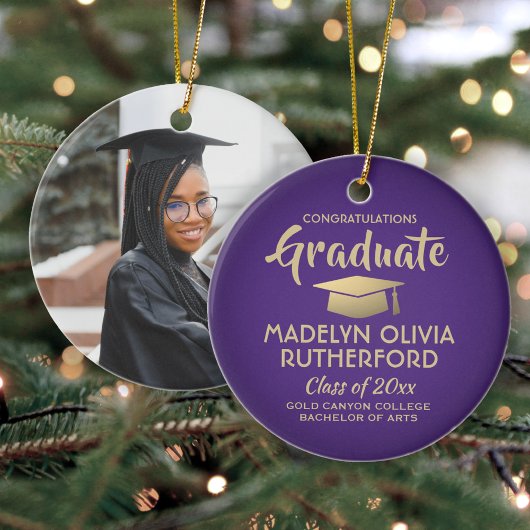 写真卒業おめでとうモダン紫と金ゴールド セラミックオーナメント