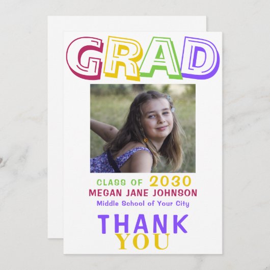 写真卒業カラフル8年生タイポグラフィ サンキューカード (正面/裏面)