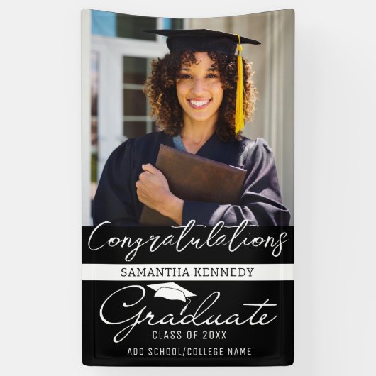 写真卒業クラス2025ブラックおめでとうグラード 横断幕 (縦)