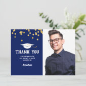 写真卒業サンキューブルー金ゴールド紙吹雪 サンキューカード (スタンド正面)