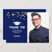 写真卒業サンキューブルー金ゴールド紙吹雪 サンキューカード (正面/裏面)