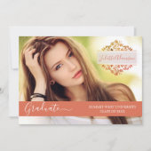 写真卒業パーティーコーラルフローラモノグラム 招待状 (正面)