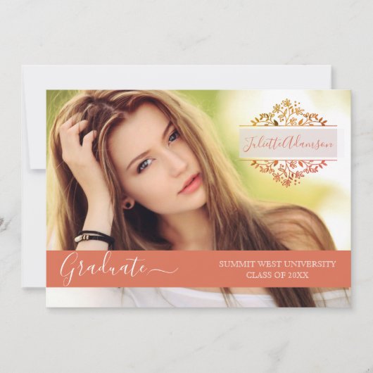 写真卒業パーティーコーラルフローラモノグラム 招待状 (正面)