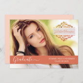 写真卒業パーティーコーラルフローラモノグラム 招待状 (正面/裏面)