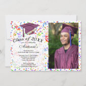 写真卒業パープルグラードキャップ紙吹雪パーティー 招待状 (正面)