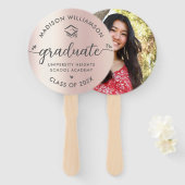 写真卒業ピンクローズ金ゴールドスクリプトハートキャップ ハンドファン (正面&裏面)