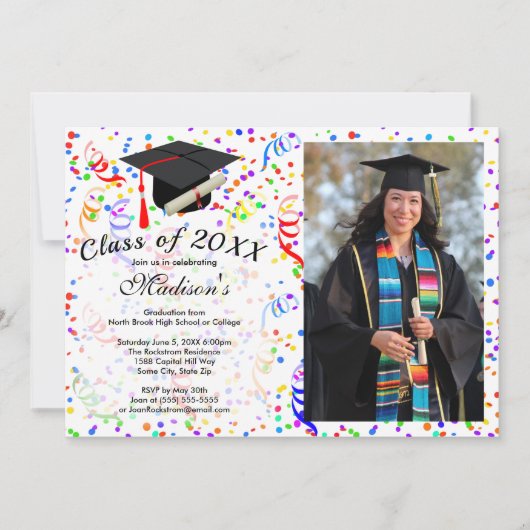 写真卒業ブラックキャップ卒業証書紙吹雪パーティー 招待状 (正面)