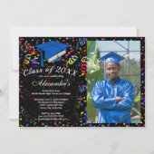 写真卒業ブルーキャップ紙吹雪クラスのパーティー 招待状 (正面)