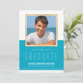 写真卒業ミニマルかわいい金ゴールドフレーム明るい青 招待状 (スタンド正面)